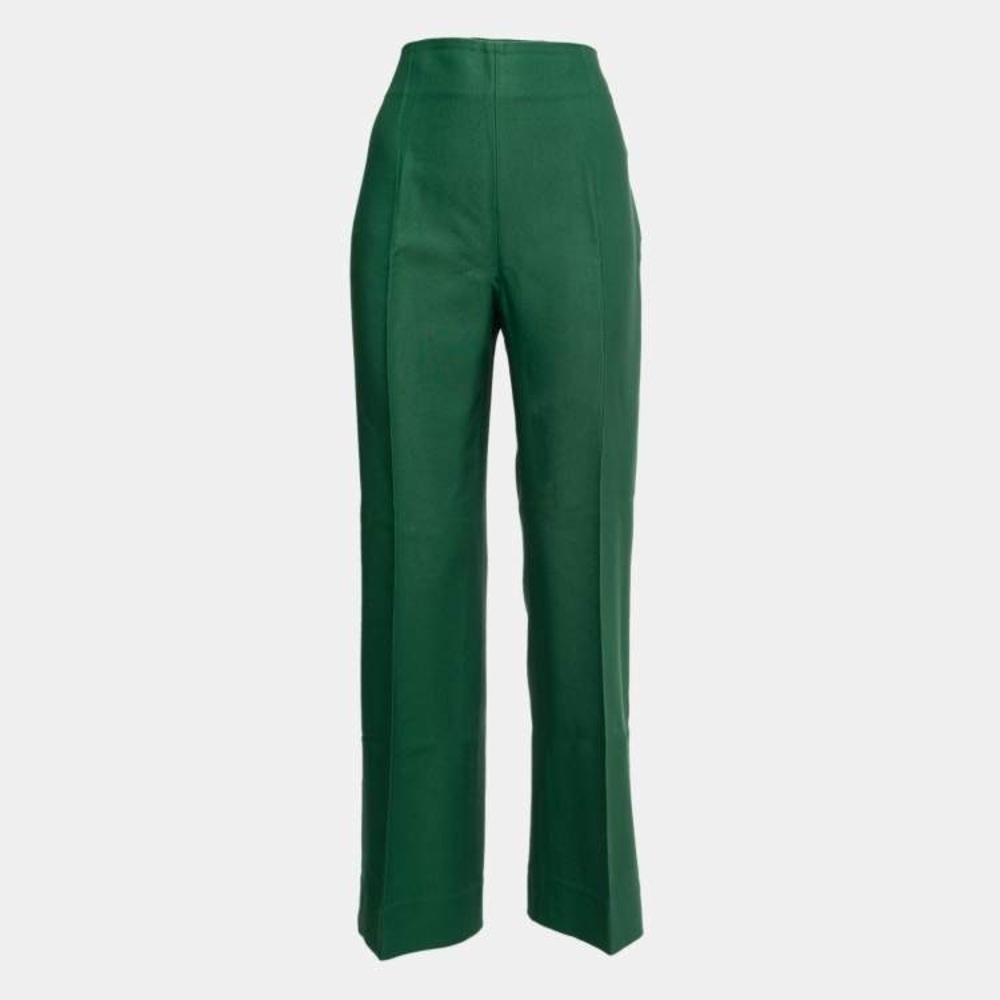 Oscar de la Renta Green Wool Silk Straight Leg High Waist Trousers Size 10